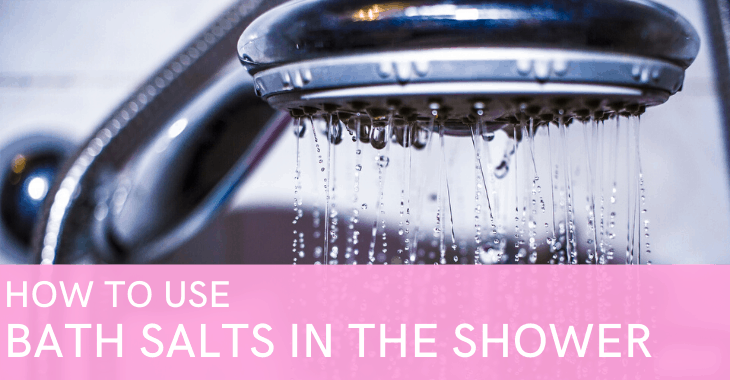 shower head with text how to use bath salts in the shower