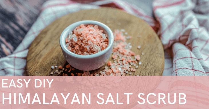 bowl of pink Himalayan salt with text overlay "easy diy Himalayan salt scrub"
