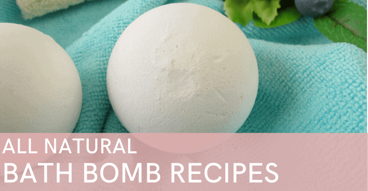 two bath bombs with text overlay "All Natural Bath Bomb Recipes"