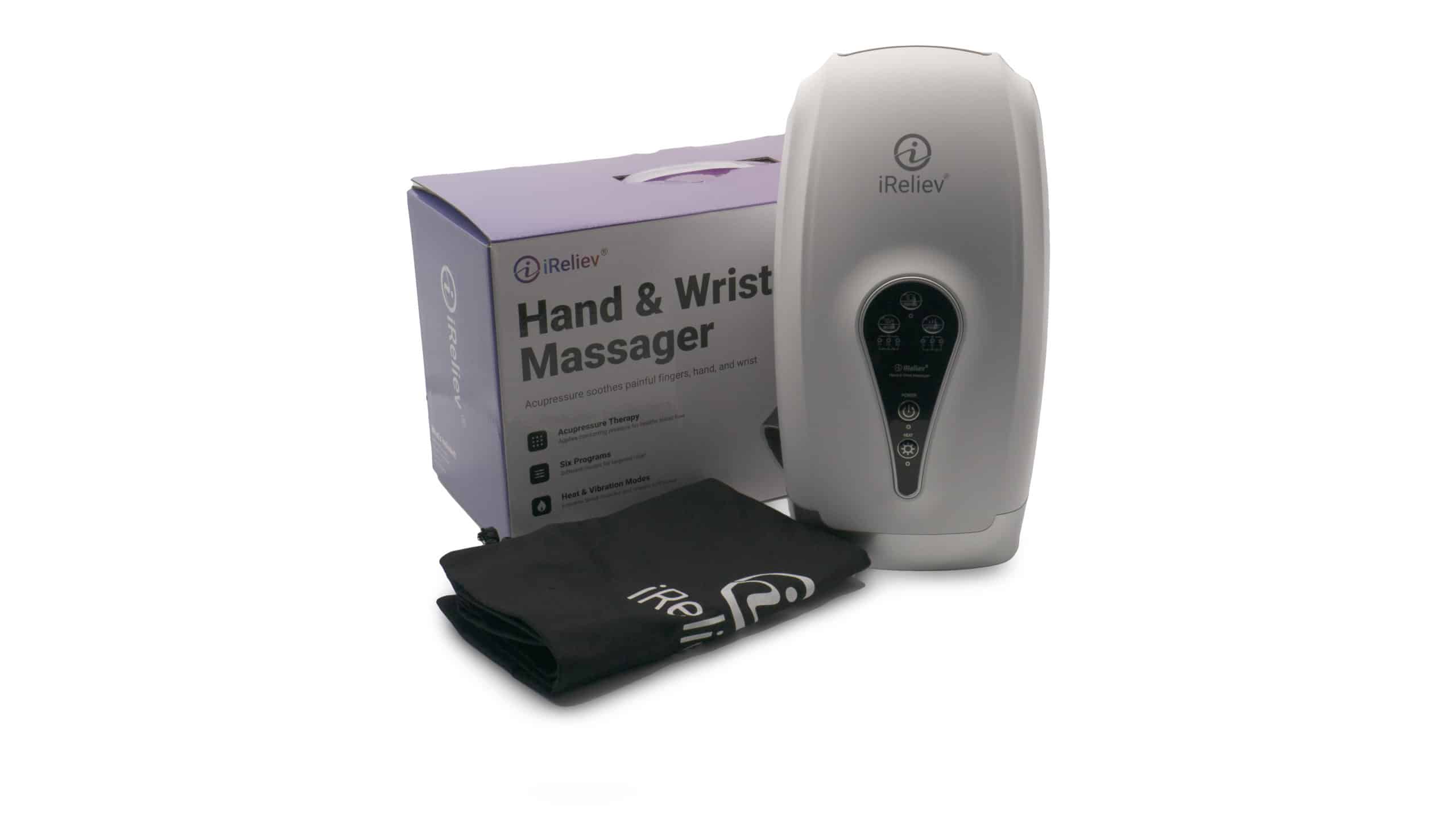 ireliev hand massager, travel bag, and box